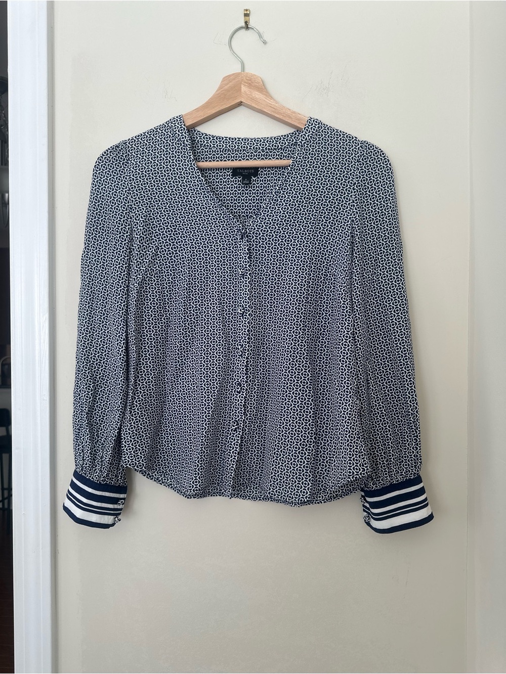 Talbots Navy and White Geometric Summer Lightweight Button-Front Blouse